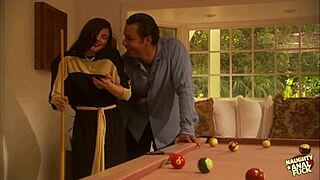 Pool game turns into brunette's legs spread ass railing frenzy