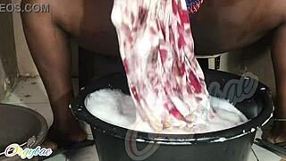 Housewife Handles Weekend Laundry with Shaved Pussy Tease