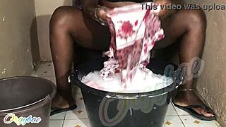 Housewife Handles Weekend Laundry with Shaved Pussy Tease