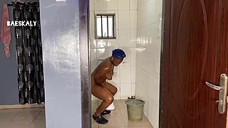 Housewife sneaks bathroom doggystyle bang with friend's huge cock!