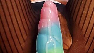 bad dragon dildo stretches wet hairy pussy close up