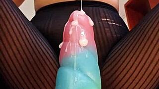bad dragon dildo stretches wet hairy pussy close up