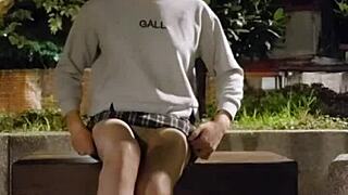 Shemale Ting Xuan pees publicly then strokes skirt-off