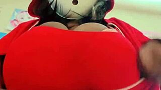 shyguy cosplay with massive oiled boobs sucking huge cock