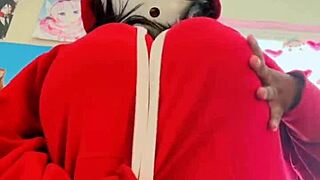 shyguy cosplay with massive oiled boobs sucking huge cock