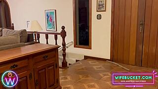 Amateur homemade milf couple bends her over hard wood for passionate intense fucking session