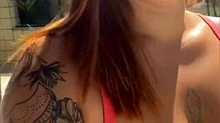 Redhead's swollen pussy flashes live exhibitionist style