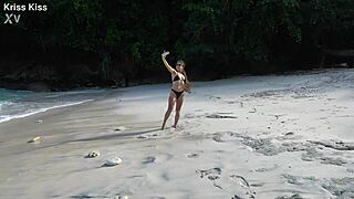 hot brunette stranger deepthroats on beach pov