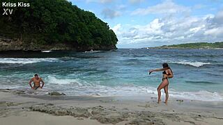 hot brunette stranger deepthroats on beach pov