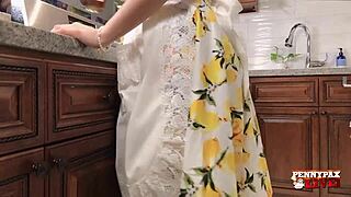 redhead penny pax masturbates with banana in kitchen