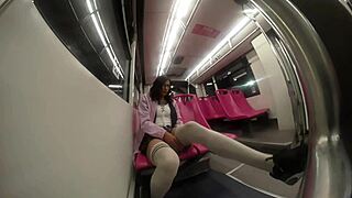 Schoolgirl shemale rides monster cock in miniskirt on public transport 😈