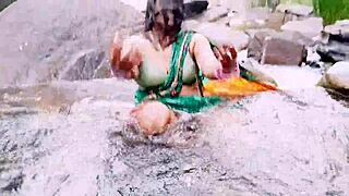 housewife enjoys outdoor waterfall bathing session filled with teasing dirty talk and natural big tits reveal