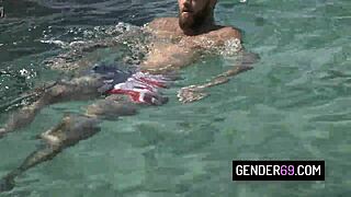 Hot transgender tgirls dive into hardcore group fucking orgy by the pool