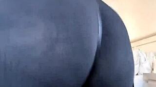 MILF's Huge Tits and Ass Shine Through Sheer Leggings Close-Up