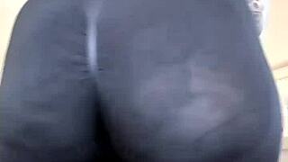 MILF's Huge Tits and Ass Shine Through Sheer Leggings Close-Up