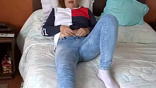 Watch me stroke my hairy pussy over that monster cock huge cumshot explosion inside!