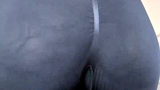 MILF's Huge Tits and Ass Shine Through Sheer Leggings Close-Up