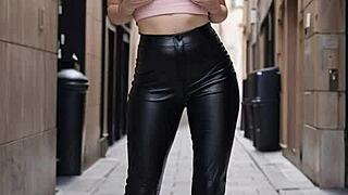 Blonde Teen Cougar Leather Clothed Blowjob Outdoor Cumshot