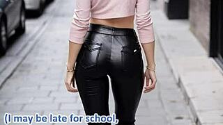 Blonde Teen Cougar Leather Clothed Blowjob Outdoor Cumshot