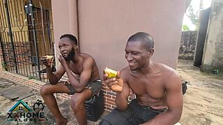 orange seller's outdoor tease with two eager jobless studs