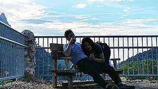 Latina sucks stranger's cock deep in mountain outdoor blowjob