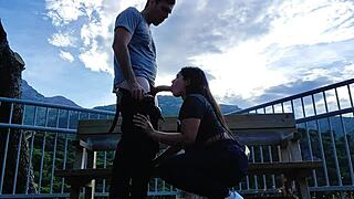 Latina sucks stranger's cock deep in mountain outdoor blowjob