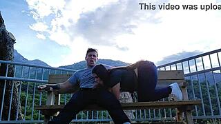 Latina sucks stranger's cock deep in mountain outdoor blowjob