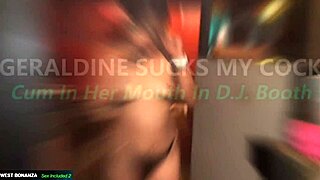 Geraldine deepthroats and swallows cum in DJ booth after steamy striptease