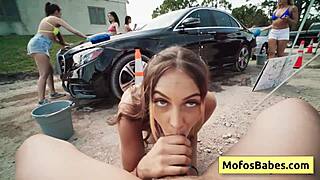 Busty Blonde Teen's Juicy Public Blowjob Dripping with Lust