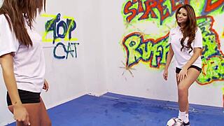 Sporty Krystal and Leila suck and stuff horny twats on gym mat!