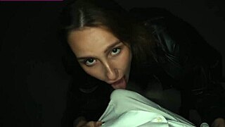 Hottie with Tattoos and Big Tits in Leather Coat Fucked Hard POV Creampie Pussy Fill