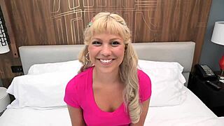 19yo blonde's tiny tits drip wet for her first big cock pounding 😍💦