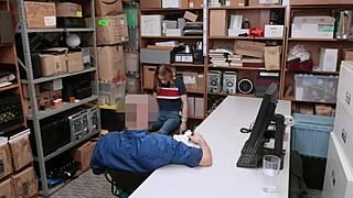 petite teen kasey kneels in office to slurp officer's monster cock deep and hard