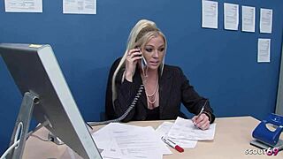 Blonde cougar boss seduces coworker in lingerie for office quickie