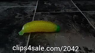 Sexy Barefoot Femdom Tramples Sub with Banana Toy Fetish