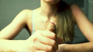 wow, red-lipped beauty strokes boyfriend's cock close-up till explosive orgasm!