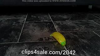 Sexy Barefoot Femdom Tramples Sub with Banana Toy Fetish