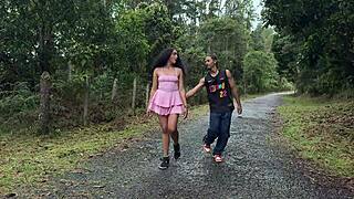 touching a curvy milf's big ass in the forest sparks wild interracial riding