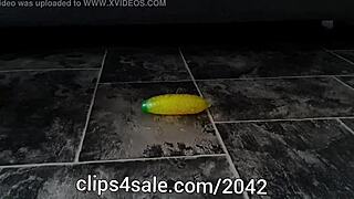 Sexy Barefoot Femdom Tramples Sub with Banana Toy Fetish