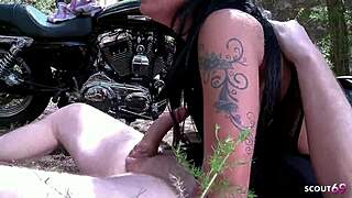 Big tits biker Jenny's huge ass pounded dirty outdoors by old stud