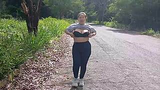 Latina babe flashes huge tits and ass in public outdoors