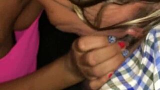 mature tattooed blonde teases petite mouth on young cock outdoors