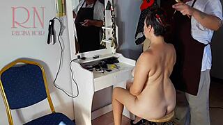 nude barbershop cam watches curvy lady undress for kinky haircut