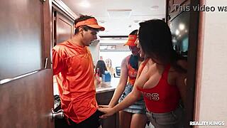 Cheerleader brunette gets fucked hard in wild traveling fan threesome blowbang cumshot