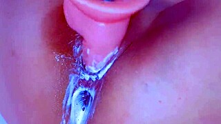 ahh, this juicy 18+ teen goddess squirts honey from her shaved pussy with huge dildo