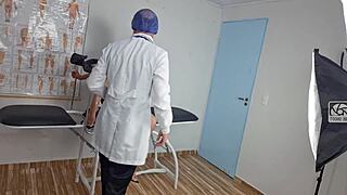 Naughty redhead patient blindfolded for doctor's cum insemination exam