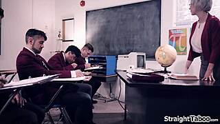 Four college studs dominate mature teacher with monster cocks