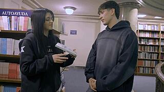 he spots petite latina bookworm bends her over library shelves for rough quickie creampie