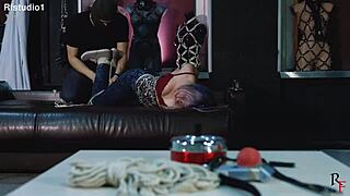 Hogtied Astrid craves submissive foot worship domination torment!