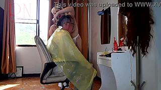 nudist barbershop lady in apron surprises client on security cam